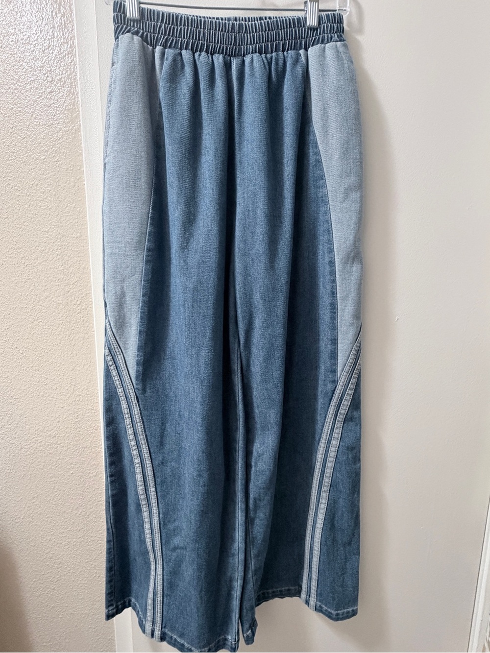 Wide Leg Two-Tone Denim Pants - Blue